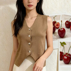 批发夏季 V 领无袖马甲女设计感<b class='q'>不规则</b>下摆修身显瘦百搭外穿坎肩上衣