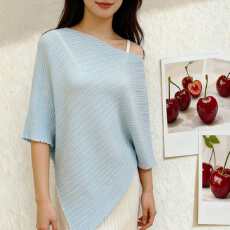 批发法式慵懒风一字领针织衫女夏薄款不规则下摆蝙蝠袖宽松显瘦上衣