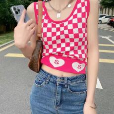 批发新款背心字母黑白棋盘<b class='q'>格子</b>内搭气质时髦御姐针织吊带背心女上衣潮