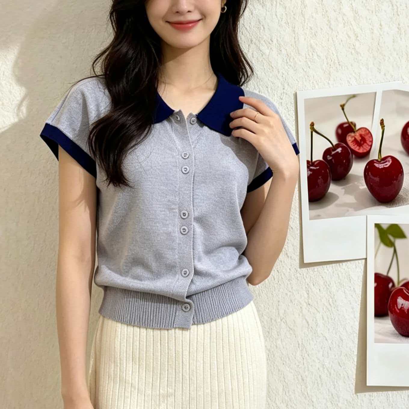 부드러운 바람 배색 폴로 칼라 연령 감소 니트 오픈 가디건 여성 얇은 스타일 POLO 칼라 반팔 여름 다용도 쇼트 스타일 맨위