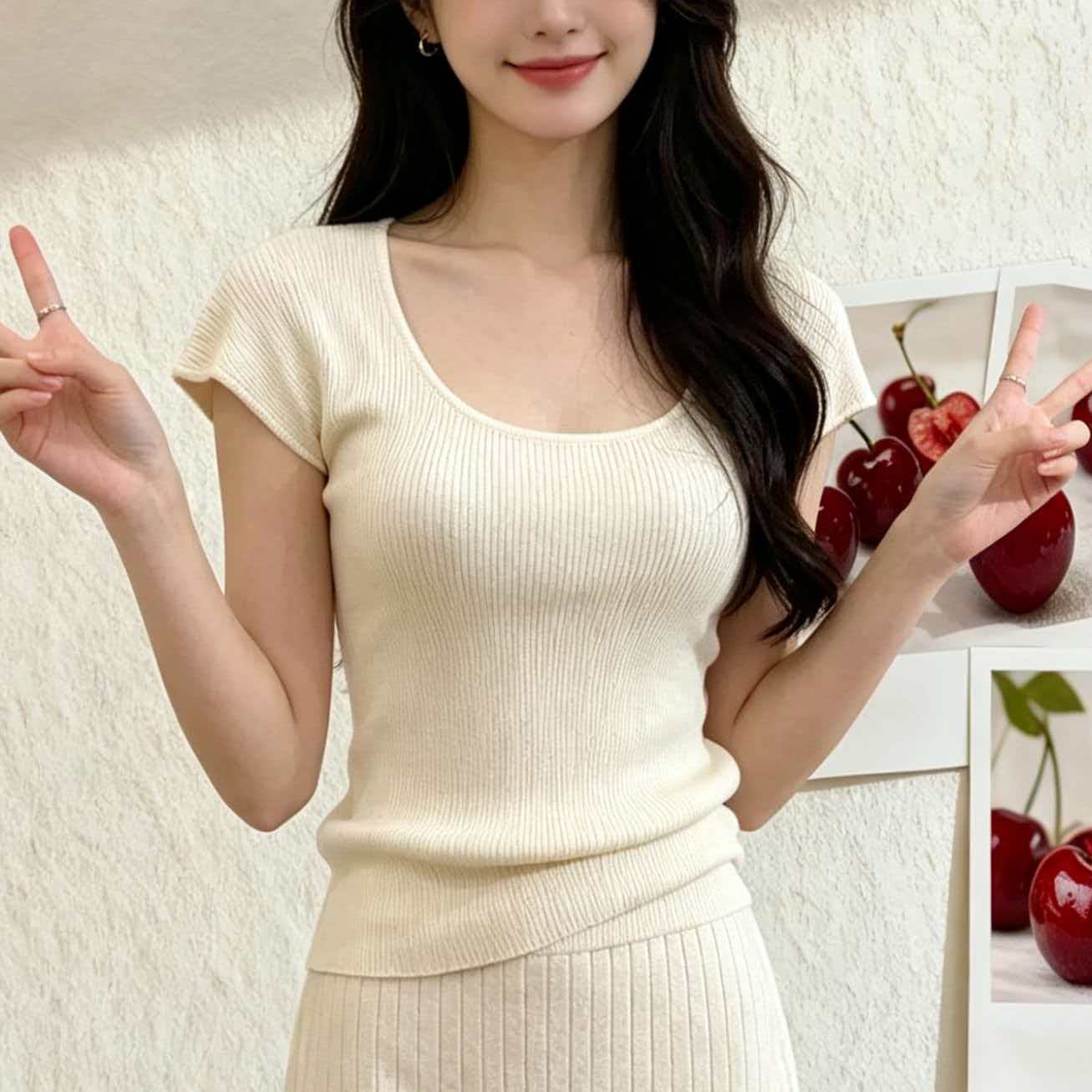 프랑스식 대 네클라인 티셔츠 여성 허리 수축 슬림해 보이는 반팔 여성 여름 몸매 가꾸기 순수한 욕망 고유 한 아름다운 꼬집기 허리 위로 의류