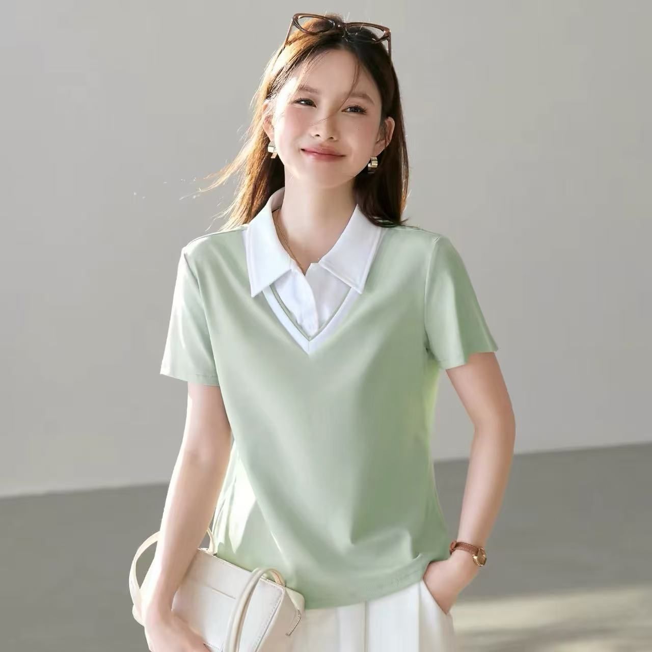 여름 새로운 외국 가스 캐주얼 POLO 칼라 여성 티셔츠 210 그램 40 1 1 리브 면 92 면 8 암모니아 Lun