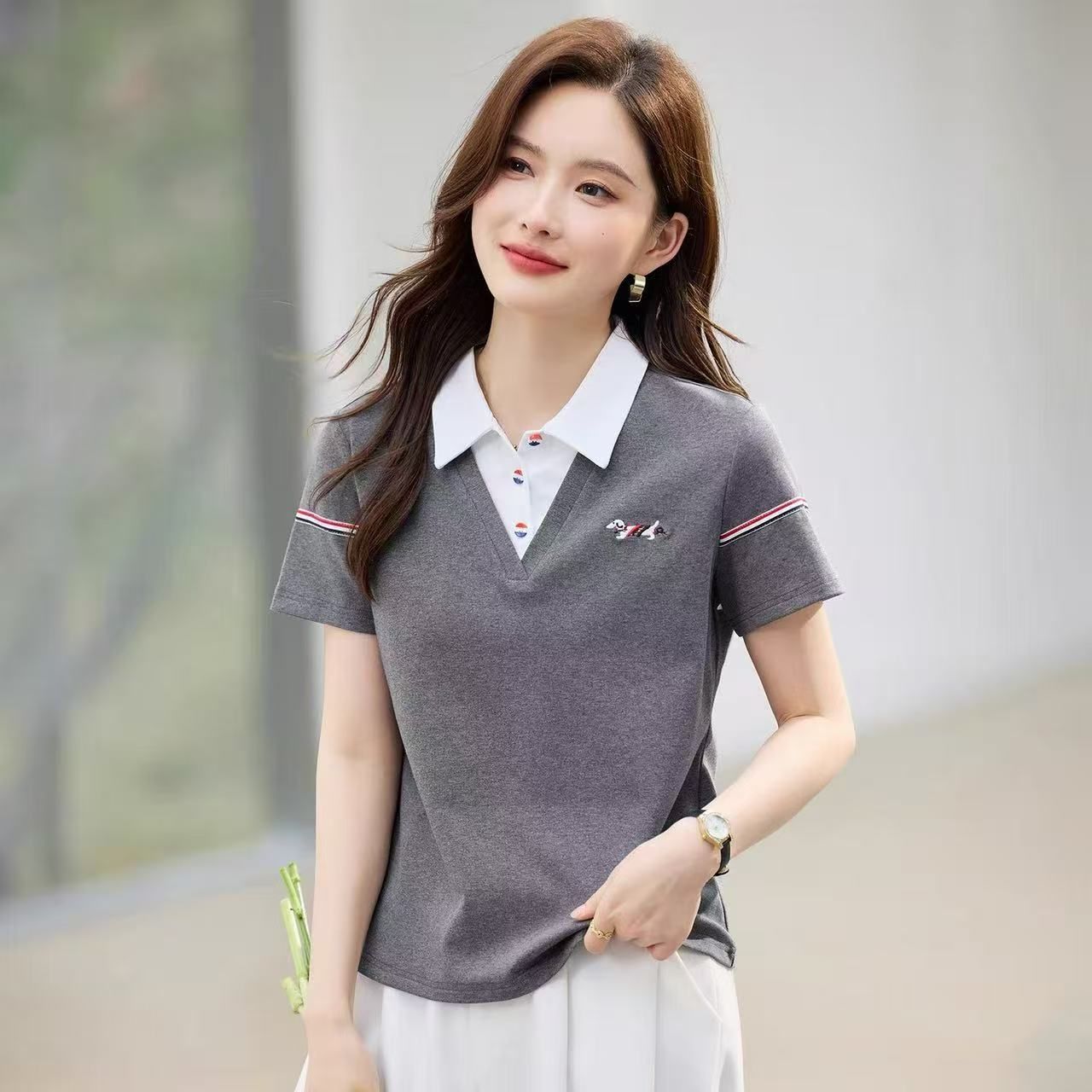 여름 새로운 페이크 레이어드 자수 POLO 칼라 티셔츠 여성 210 그램 40 1 1 리브 면 92 면 8 암모니아 Lun