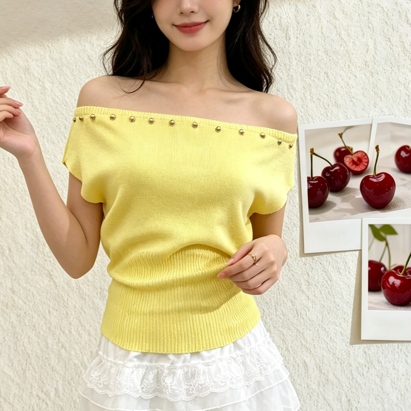 홍콩 느낌 스타일 도파민 반팔 티셔츠 여성 여름 새로운 한 단어 오프숄더 맨위 섹시함 꼬집기 허리 니트 작은 셔츠