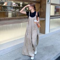 批发复古时尚直筒连体裤女夏季慵懒风宽松休闲遮肉背带裤高腰阔腿裤裙