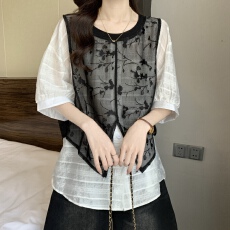 批发<b class='q'>大码</b>女装2026年夏季新款时尚圆领蕾丝拼接假两件短袖衬衫宽松上衣