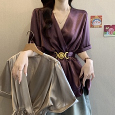 批发大码女装胖mm夏新款2026高级感轻奢百搭衬衫纯色气质腰带休闲上衣