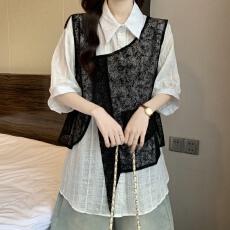批发大码女装蕾丝<b class='q'>网纱</b>拼接假两件短袖女衬衫2025夏季新设计感t恤<b class='q'>上衣</b>
