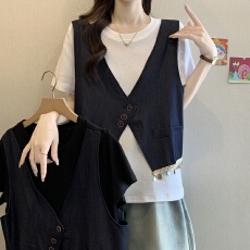 批发大码时尚不规则拼接假两件短袖t恤女夏季胖mm宽松遮肚子百搭上衣