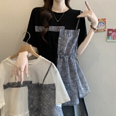 批发大码设计感拼接短袖T恤女夏装胖妹妹mm收腰显瘦洋气减龄气质上衣
