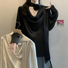 批发2025 夏新黑色缎面衬衫女小众设计感挂脖玫瑰装饰长袖别致上衣