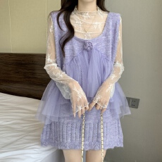 批发大码女装法式网纱裙子套装早秋新款叠穿背心百搭上衣短裙三件套女