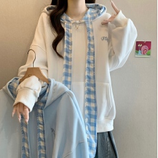 批发秋季2025新款格子拼接连帽卫衣外套<b class='q'>大码</b><b class='q'>女装</b>胖mm宽松慵懒长袖上衣