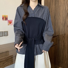 批发<b class='q'>大码</b>微胖设计感假两件长袖衬衫<b class='q'>女装</b>秋季胖MM遮肚显瘦衬衣上衣