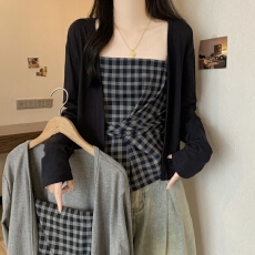 批发大码胖MM设计感休闲套装女装<b class='q'>夏</b>季辣妹薄款防晒开衫格子背心两件套