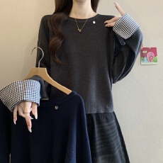批发长袖打底针织衫t恤女春秋款2025<b class='q'>大码</b>胖mm显瘦设计感条纹拼接上衣