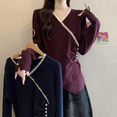 批发高级感斜领正肩针织衫女早秋季<b class='q'>大码</b>胖mm内搭<b class='q'>打底衫</b>不规则上衣