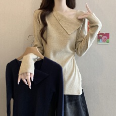 批发高级感斜领正肩针织衫女早秋季<b class='q'>大码</b>胖mm内搭<b class='q'>打底衫</b>不规则上衣