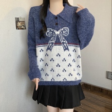 批发2025 秋冬翻领蝴蝶结提花毛衣女宽松软糯针织衫减龄套头休闲上衣