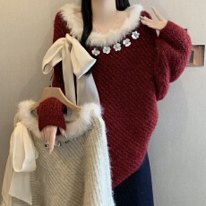 批发红色穿搭蝴蝶结毛衣女<b class='q'>秋</b>冬大码胖mm慵懒风不规则针织衫