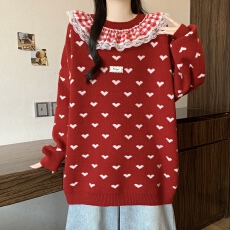批发蕾丝花边圆领爱心提花针织衫灰色毛衣女<b class='q'>秋</b>冬大码胖mm甜美减龄上衣