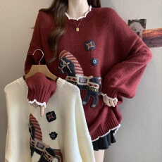 批发大码女装红色圣诞新年毛衣女2025新款冬宽松慵懒风外穿毛线衣服