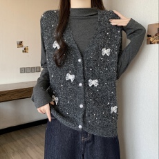 批发灰色立体蝴蝶结V领马甲背心女2026春季新款修身气质坎肩两件套