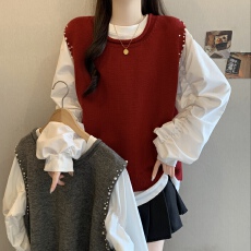 批发大码女装春秋<b class='q'>冬</b>重工设计无袖针织衫毛衣马甲马夹圆领T恤两件套女