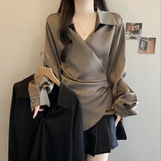批发2026春季新款醋酸缎面长袖衬衫大码女装胖mm收腰遮肚衬衣上衣
