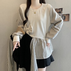 批发大码女装假两件针织上衣女拼接衬衣春秋新款宽松遮肚子打底衫