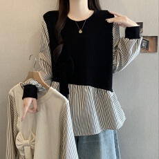 批发大码女装假两件针织上衣女拼接衬衣春秋新款宽松遮肚子打底衫