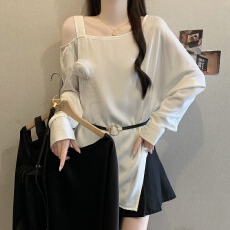 批发大码女装立体花朵百搭新款长袖T恤女宽松慵懒上衣配腰带