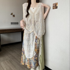 批发夏季大码胖mm背心上衣不规则蕾丝拼接半身裙女小众A字裙子两件套