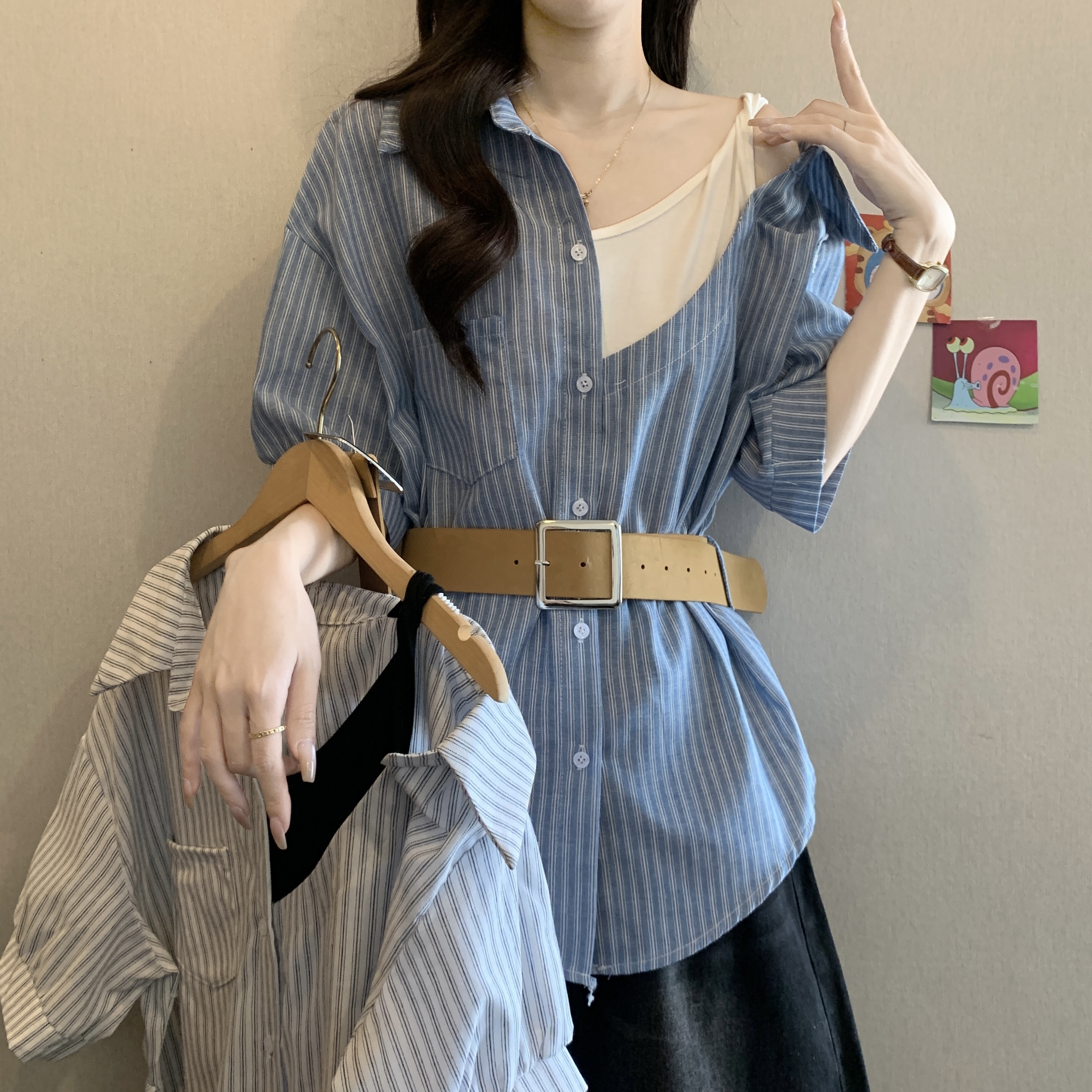 RY1694# 法式复古假两件拼接短袖格子衬衫女夏大码胖mm不规则收腰露肩上衣