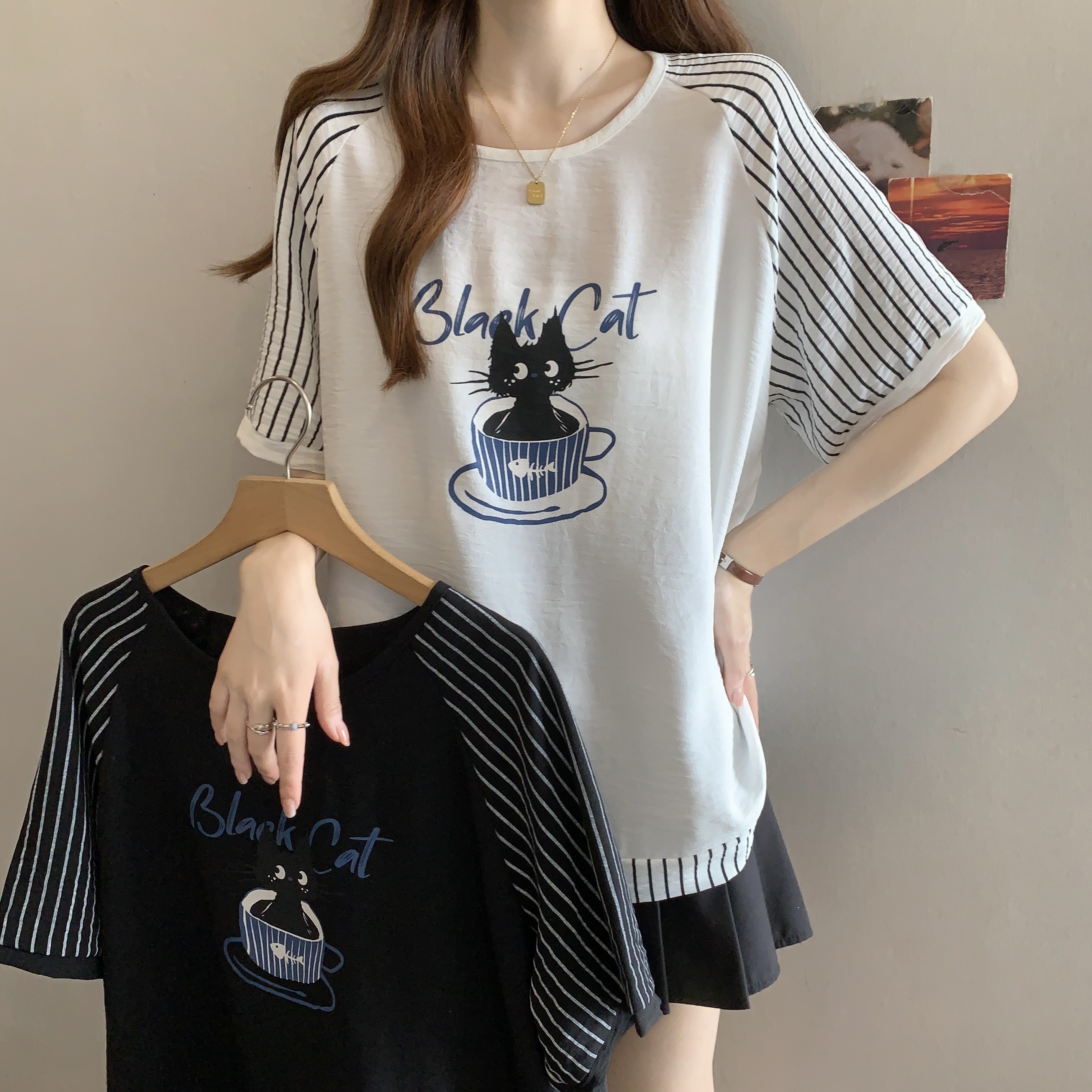 RY1692# 宽松大码撞色拼接短袖T恤女夏季爆款设计感胖mm圆领半袖上衣