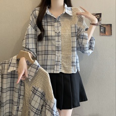 批发大码女装夏季新款上衣女时尚拼接设计感复古<b class='q'>格子</b>中袖<b class='q'>衬衫</b>宽松<b class='q'>衬衣</b>