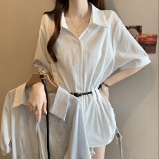 批发高级感白色V领正肩短袖衬衫女2026<b class='q'>春</b>夏新款大码胖mm皮带收腰上衣