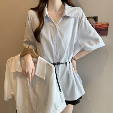 批发高级感白色V领正肩短袖衬衫女2026<b class='q'>春</b>夏新款大码胖mm皮带收腰上衣