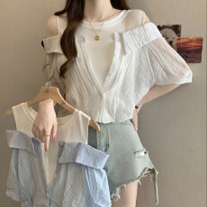 批发大码女装2026夏季设计感假两件条纹衬衫女显瘦宽松超好看百搭上衣