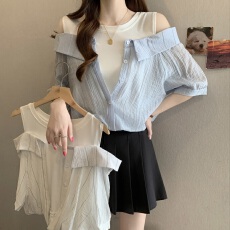 批发大码女装2026夏季设计感假两件条纹衬衫女显瘦宽松超好看百搭上衣