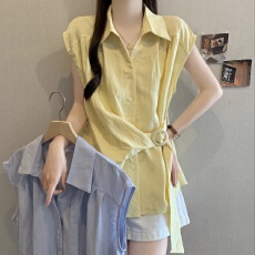 批发大码法式浅V领正肩短袖衬衫女2026夏季新款胖mm收腰显瘦上衣