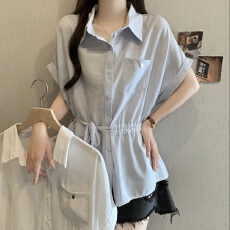 批发微胖mm漂亮蓝色短袖衬衫女装2026夏季新款法式收腰遮肚巨好看上衣