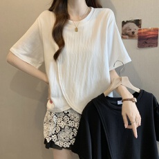 批发大码法式遮肚子假两件类似拼接短袖t恤夏季胖mm显瘦减龄别致上衣