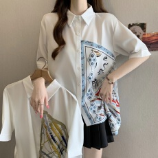 批发设计感不规则雪纺短袖衬衫女夏季打底衫微胖mm大码遮肚子收腰上衣