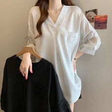 批发大码胖mm设计感显瘦V领短袖衬衫女夏季法式洋气百搭宽松遮肉上衣