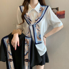 批发大码女装法式丝巾飘带拼接短袖衬衫女2026新款白色设计感小众上衣