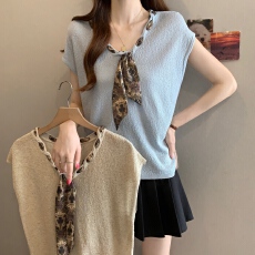 批发大码宽松时百搭简约胖MM老钱风V领丝巾坎肩飞飞袖针织衫洋气上衣