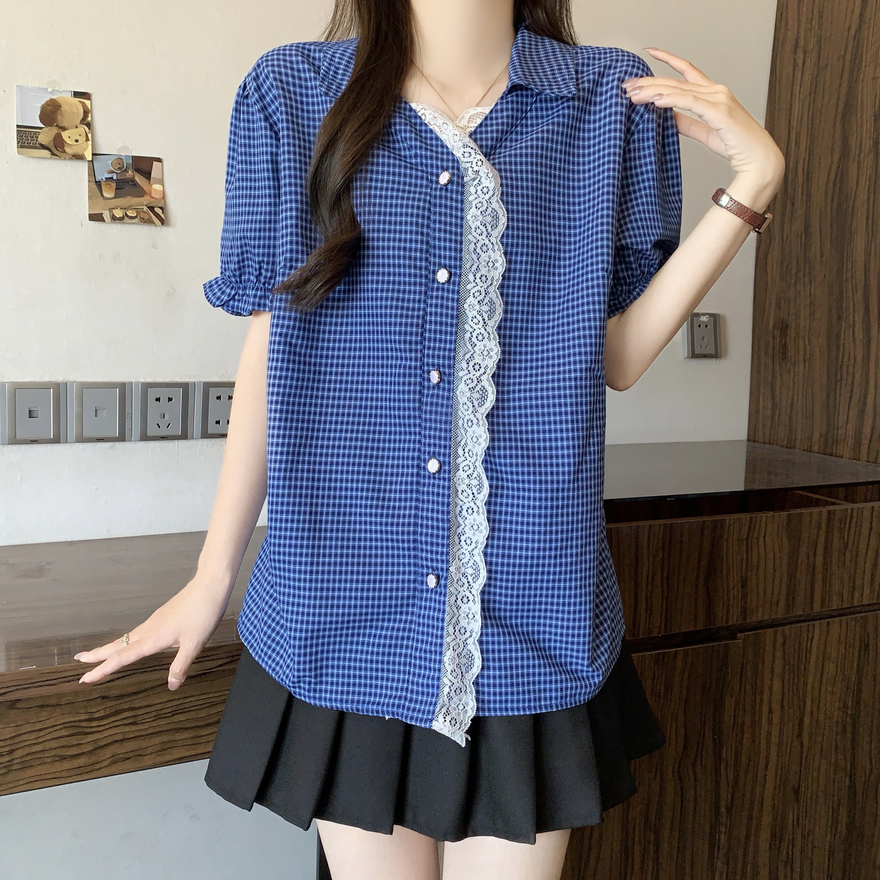 항구 바람 레트로 레이스 측면 POLO 칼라 반팔 여성 셔츠 빅 사이즈 지방 mm 루즈핏 디자인 센스 작은 대중 맨위