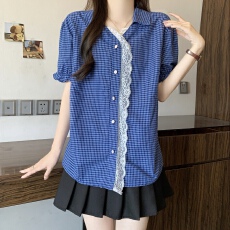 批发港风复古蕾丝边POLO领短袖衬衫<b class='q'>女</b>大码胖mm宽松设计感小众上衣