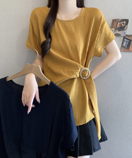 긍정적 인 어깨 반팔 여성 셔츠 여름 빅 사이즈 지방 mm 허리 수축 표지 배 프랑스식 불규칙 작은 셔츠 맨위
